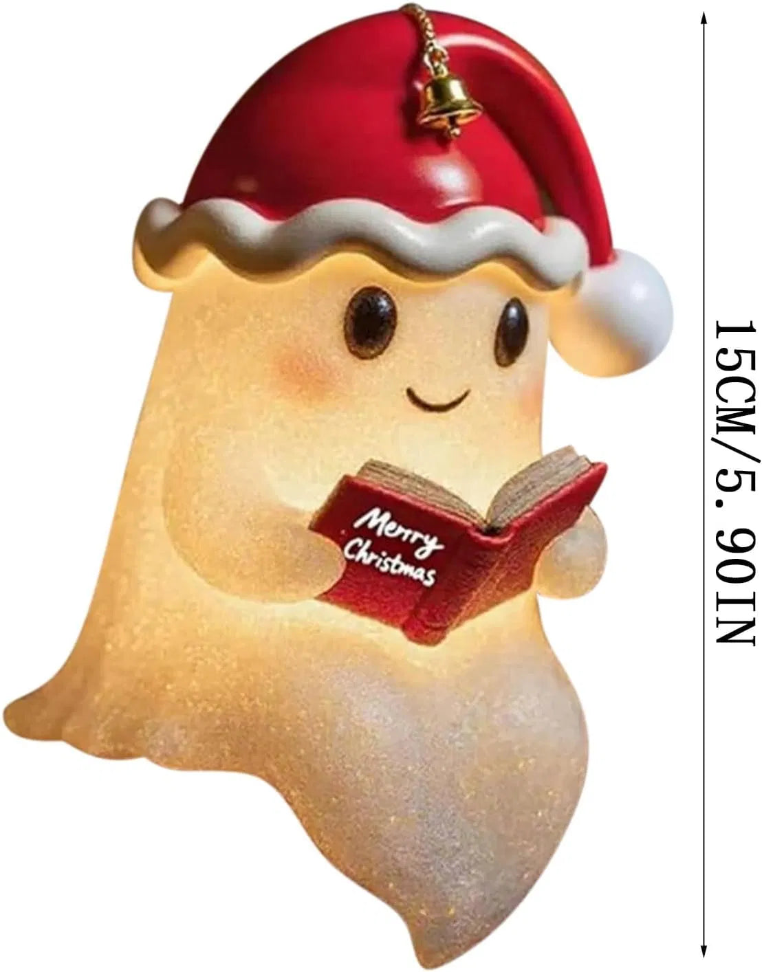 Ghost Reading Book LED Night Light with Christmas Hat, Resin Light-Up Figurine, Indoor Seasonal Tabletop Decor for Mantel, Shelf & Bedroom