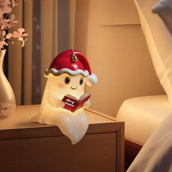 Ghost Reading Book LED Night Light with Christmas Hat, Resin Light-Up Figurine, Indoor Seasonal Tabletop Decor for Mantel, Shelf & Bedroom