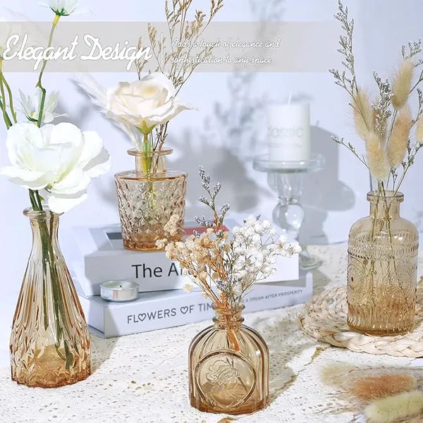 Aeelleea 5 Pack Amber Small Glass Bud Vases, Mini Flower Vase Bulk for Table Centerpiece, Wedding, Home Dining Table Decor for Single Stem Flowers
