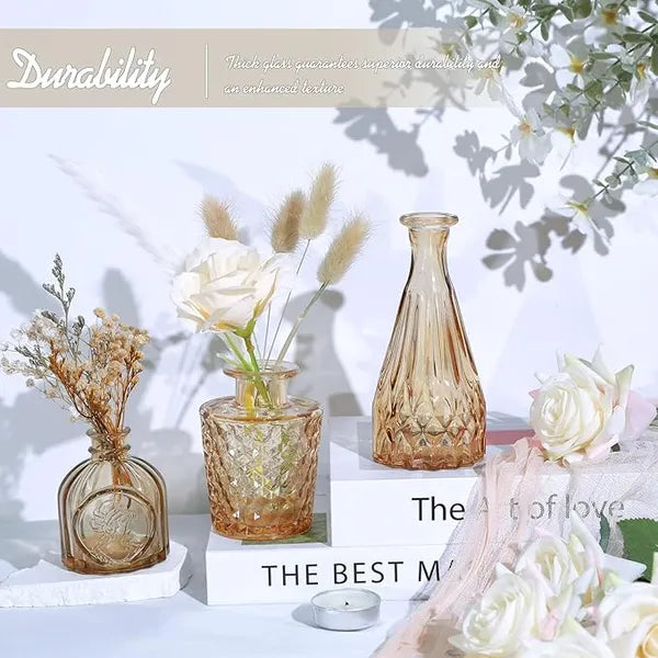 Aeelleea 5 Pack Amber Small Glass Bud Vases, Mini Flower Vase Bulk for Table Centerpiece, Wedding, Home Dining Table Decor for Single Stem Flowers