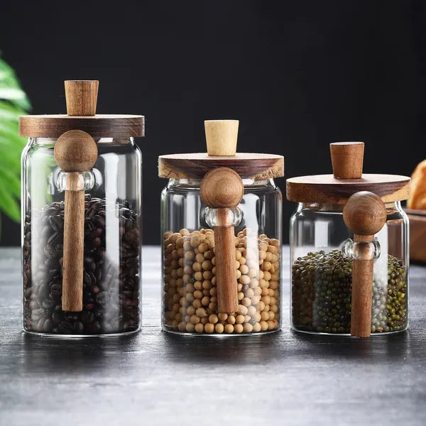 Airtight Borosilicate Glass Coffee Jar with Bamboo Lid & Spoon, Food Storage Canister for Coffee Bean, Tea, Sugar