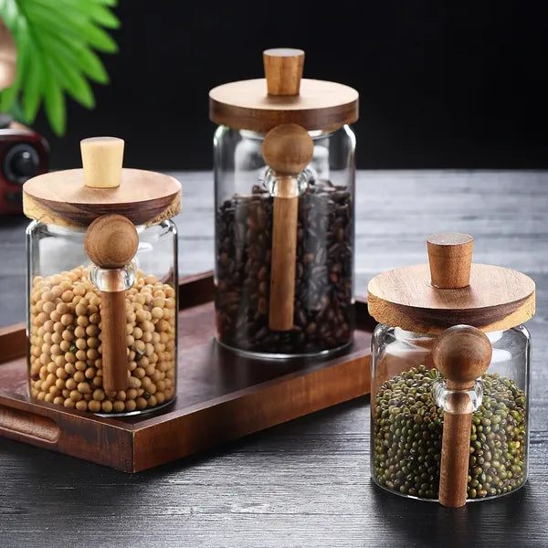 Airtight Borosilicate Glass Coffee Jar with Bamboo Lid & Spoon, Food Storage Canister for Coffee Bean, Tea, Sugar