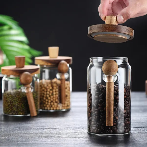 Airtight Borosilicate Glass Coffee Jar with Bamboo Lid & Spoon, Food Storage Canister for Coffee Bean, Tea, Sugar