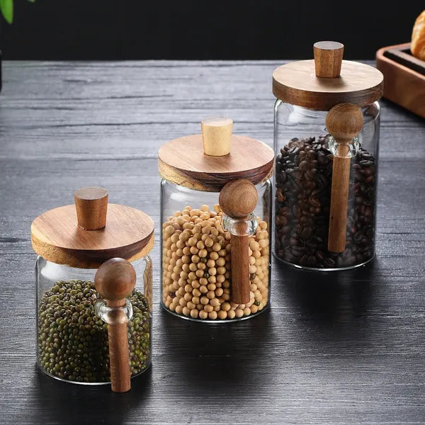 Airtight Borosilicate Glass Coffee Jar with Bamboo Lid & Spoon, Food Storage Canister for Coffee Bean, Tea, Sugar