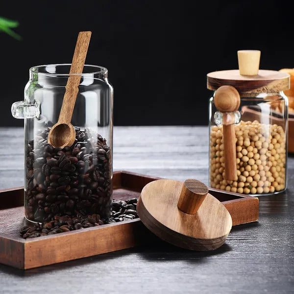 Airtight Borosilicate Glass Coffee Jar with Bamboo Lid & Spoon, Food Storage Canister for Coffee Bean, Tea, Sugar