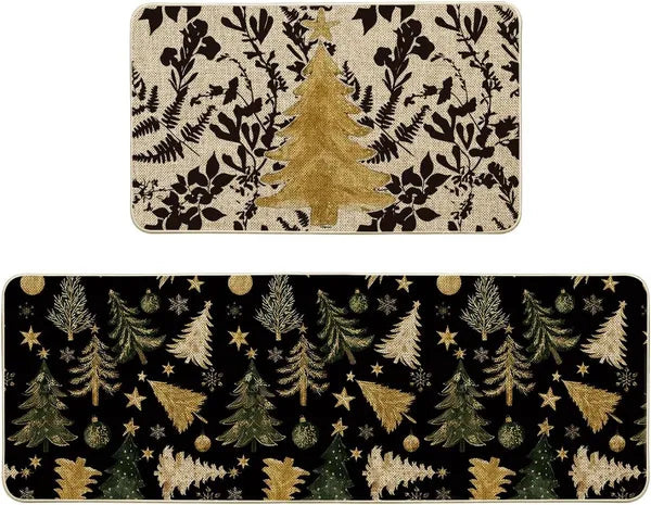 Aeelleea Gold Christmas Tree Kitchen Rug Set of 2, Winter Home Decor Non Slip Kitchen Mats 17x29in & 17x47in