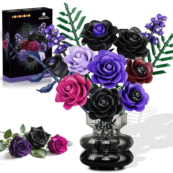 546-Piece Gothic Rose Bouquet Building Set, Black & Purple Flower Brick Kit, Adjustable Stems, Botanical Decor & Gift for Adults