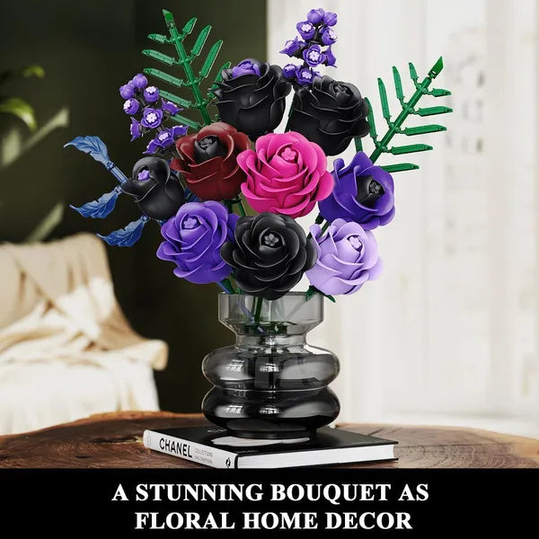 546-Piece Gothic Rose Bouquet Building Set, Black & Purple Flower Brick Kit, Adjustable Stems, Botanical Decor & Gift for Adults