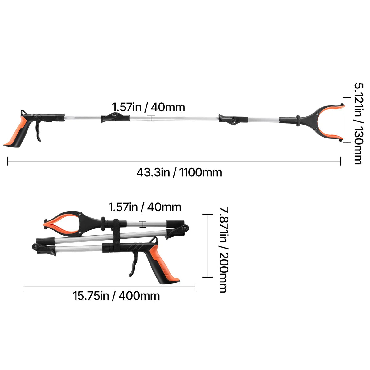 43" Extra Long Foldable Reacher Grabber, 360° Rotating Jaw with LED Light & Magnet, Lightweight Pickup Tool