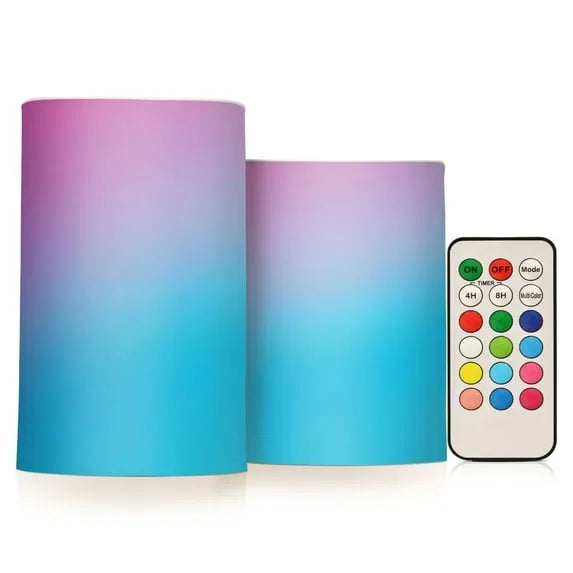 Aeelleea Gradient Blue 2 Pack LED Flickering Flameless Candles, Battery Operated Pillar Candles with Remote Timer for Home Wedding Holiday Decor