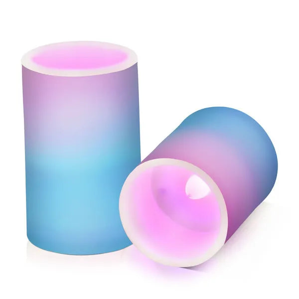 Aeelleea Gradient Blue 2 Pack LED Flickering Flameless Candles, Battery Operated Pillar Candles with Remote Timer for Home Wedding Holiday Decor