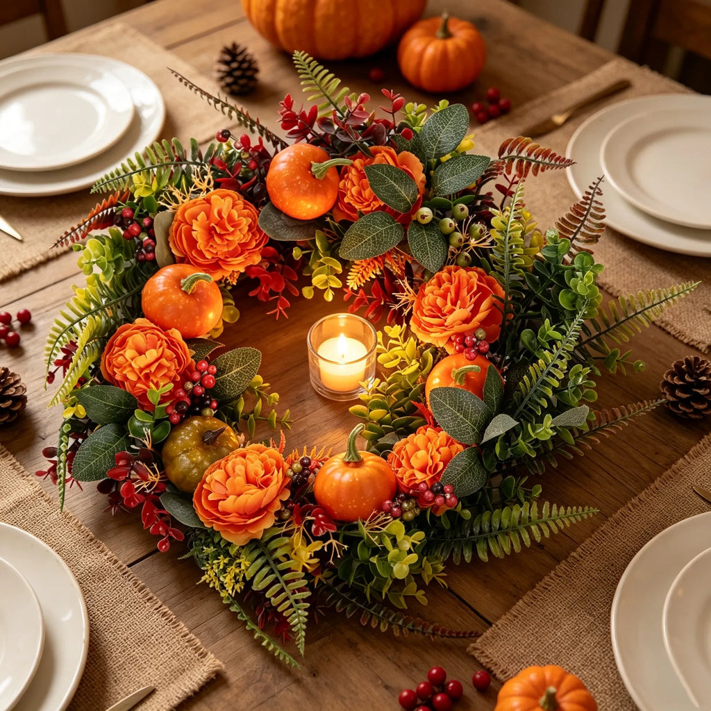 17.7 in Artificial Fall Wreath with Pumpkins, Orange Flowers & Berries, Autumn Front Door Decor for Halloween Thanksgiving