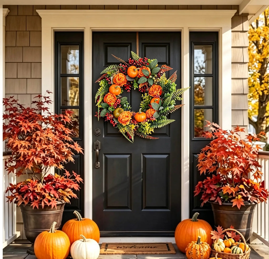17.7 in Artificial Fall Wreath with Pumpkins, Orange Flowers & Berries, Autumn Front Door Decor for Halloween Thanksgiving