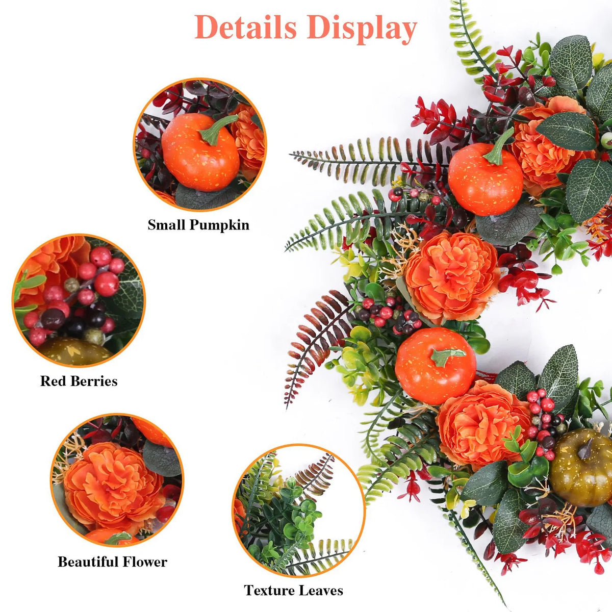 17.7 in Artificial Fall Wreath with Pumpkins, Orange Flowers & Berries, Autumn Front Door Decor for Halloween Thanksgiving