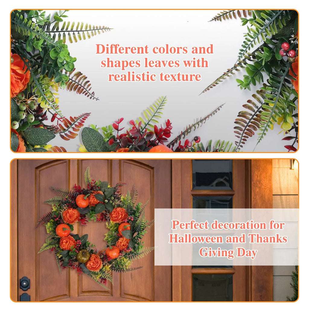 17.7 in Artificial Fall Wreath with Pumpkins, Orange Flowers & Berries, Autumn Front Door Decor for Halloween Thanksgiving