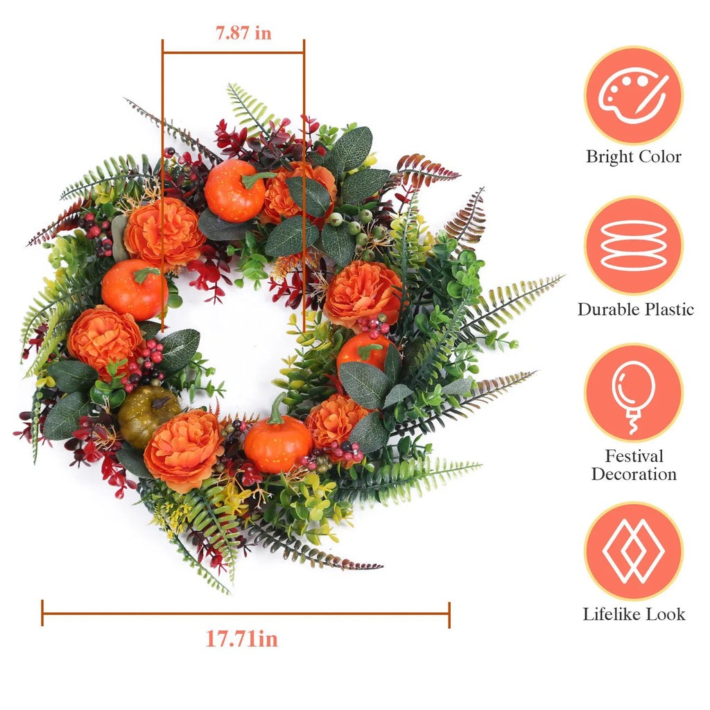 17.7 in Artificial Fall Wreath with Pumpkins, Orange Flowers & Berries, Autumn Front Door Decor for Halloween Thanksgiving