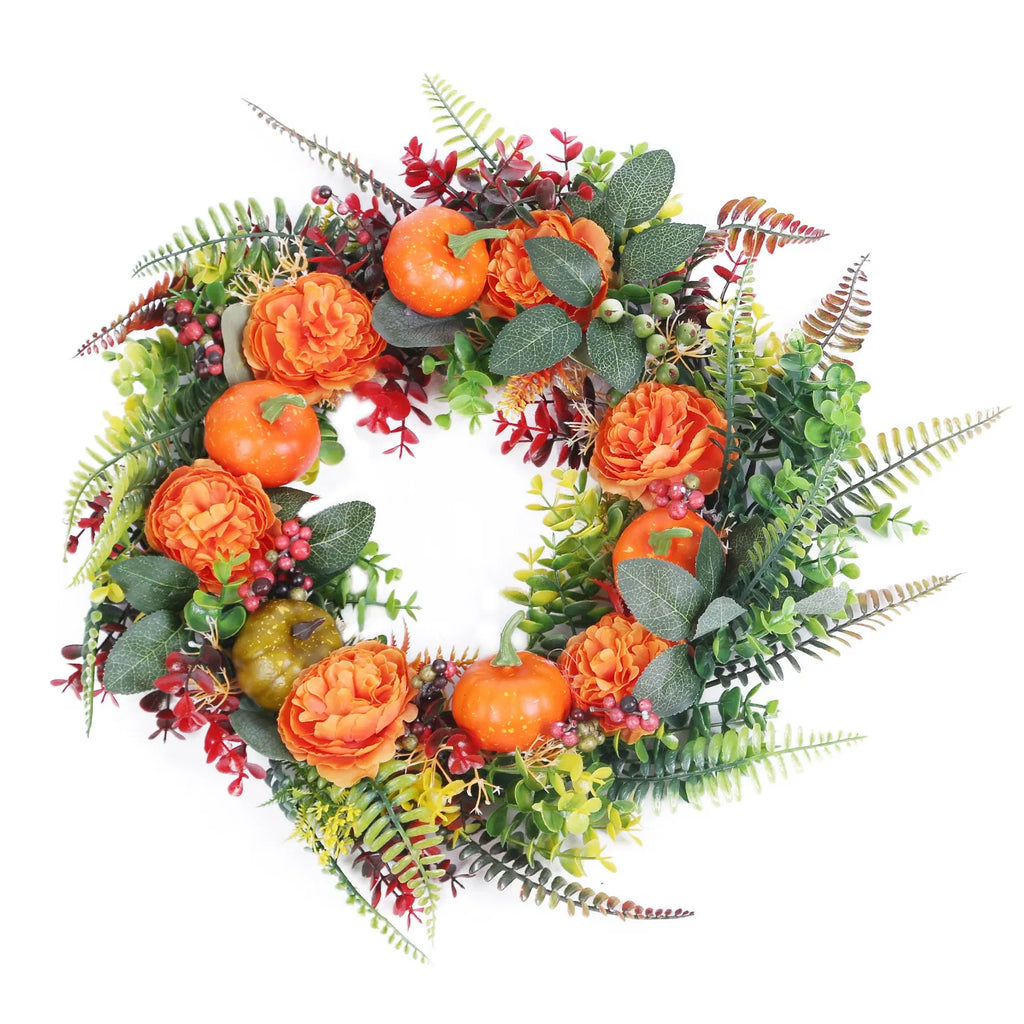 17.7 in Artificial Fall Wreath with Pumpkins, Orange Flowers & Berries, Autumn Front Door Decor for Halloween Thanksgiving