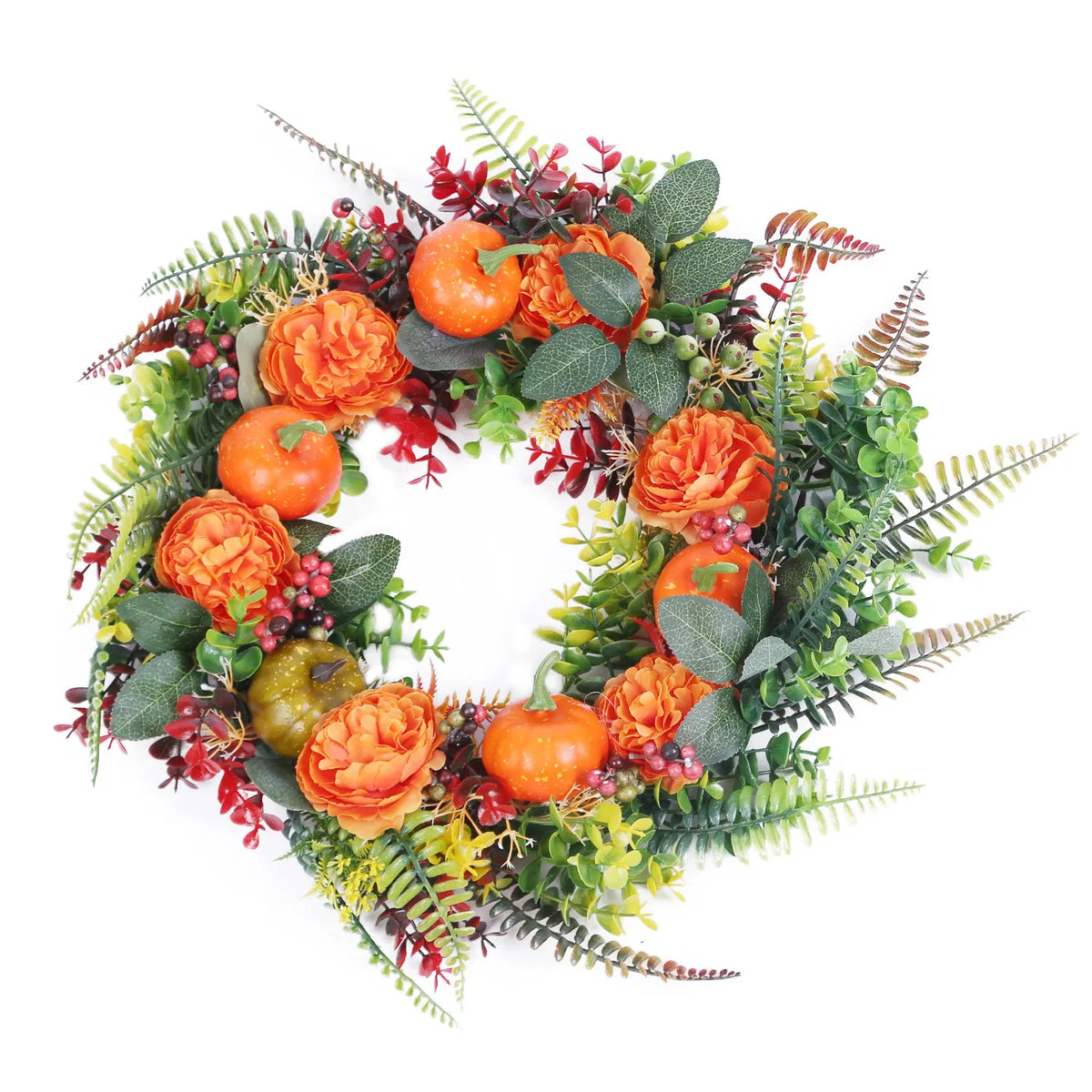 17.7 in Artificial Fall Wreath with Pumpkins, Orange Flowers & Berries, Autumn Front Door Decor for Halloween Thanksgiving