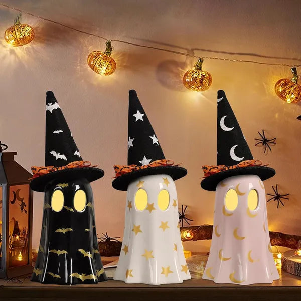 Set of 3 Ceramic Ghost Figurines with Witch Hats, Cute Spooky Halloween Indoor Decor