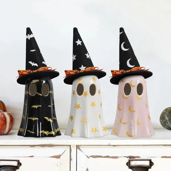 Set of 3 Ceramic Ghost Figurines with Witch Hats, Cute Spooky Halloween Indoor Decor