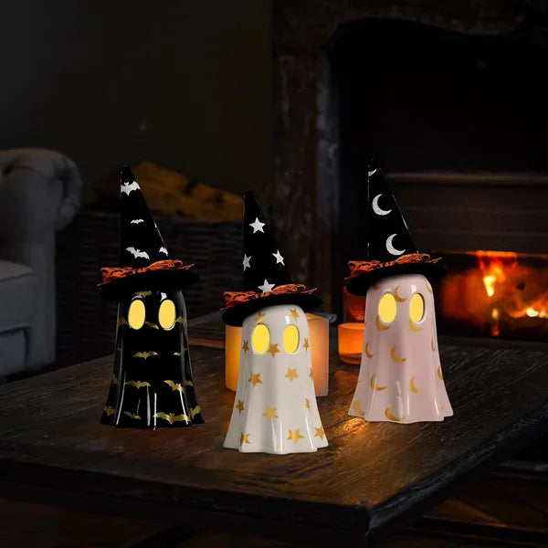 Set of 3 Ceramic Ghost Figurines with Witch Hats, Cute Spooky Halloween Indoor Decor