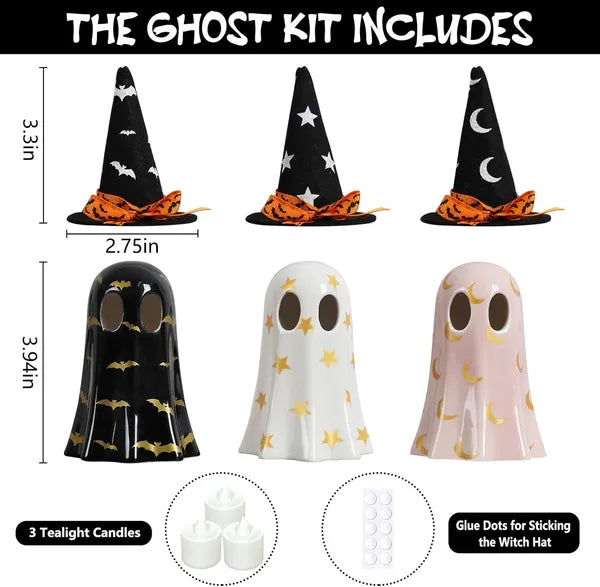Set of 3 Ceramic Ghost Figurines with Witch Hats, Cute Spooky Halloween Indoor Decor