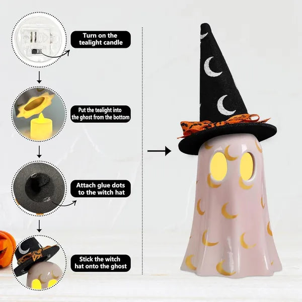 Set of 3 Ceramic Ghost Figurines with Witch Hats, Cute Spooky Halloween Indoor Decor