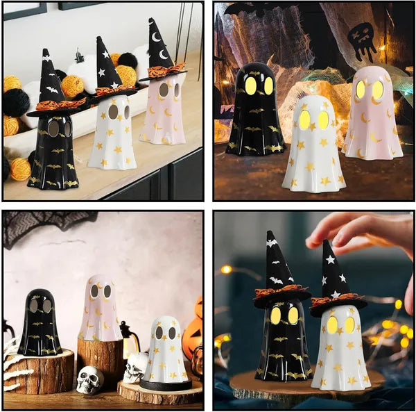 Set of 3 Ceramic Ghost Figurines with Witch Hats, Cute Spooky Halloween Indoor Decor