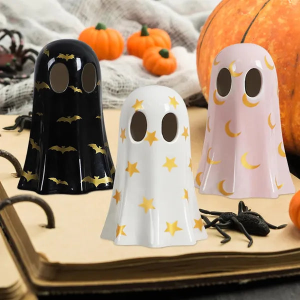 Set of 3 Ceramic Ghost Figurines with Witch Hats, Cute Spooky Halloween Indoor Decor