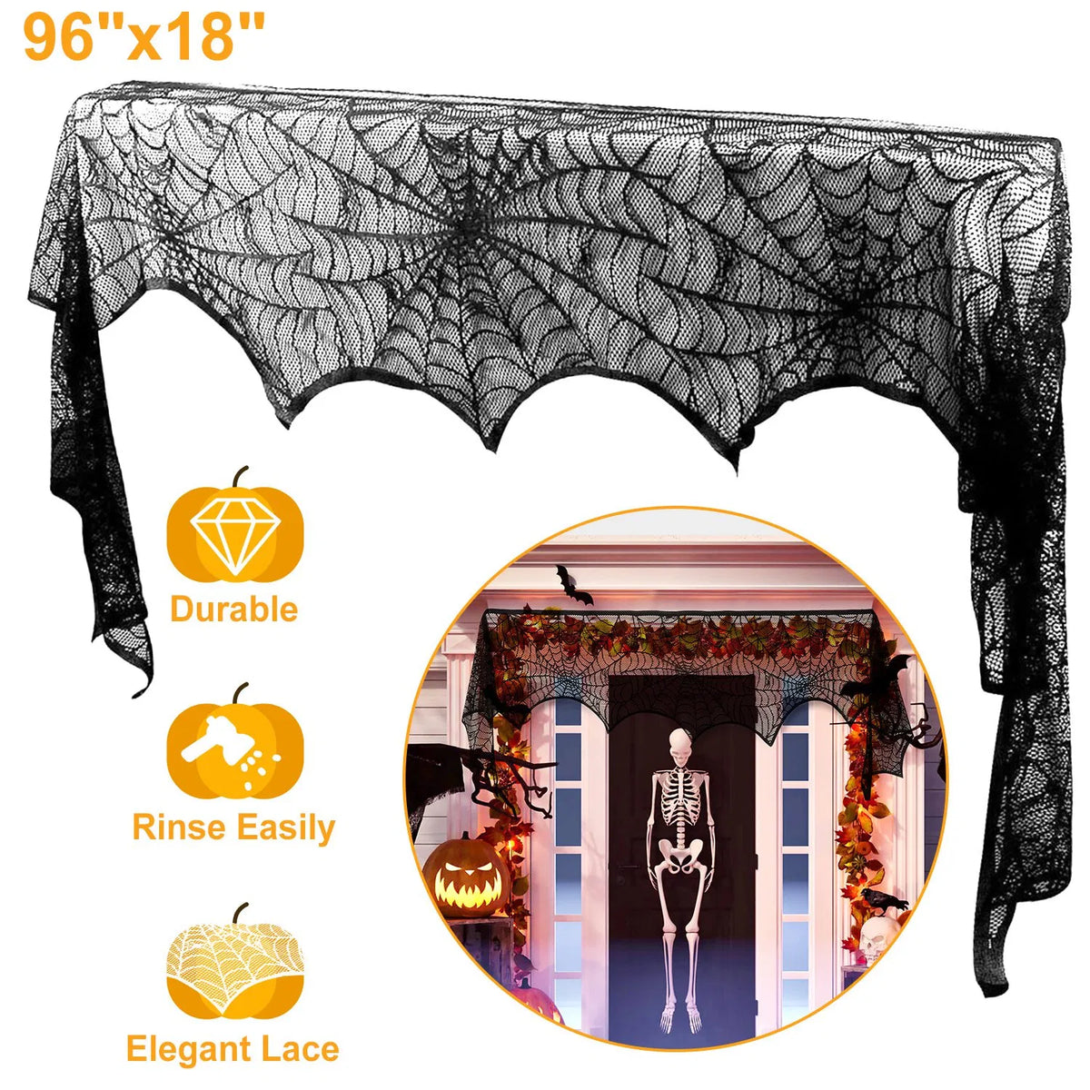 Halloween Fireplace Mantle Scarf - 18" x 96" Black Lace Spider Web Table Runner with Bat & Spider Design