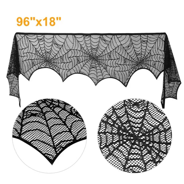 Halloween Fireplace Mantle Scarf - 18" x 96" Black Lace Spider Web Table Runner with Bat & Spider Design