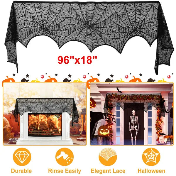Halloween Fireplace Mantle Scarf - 18" x 96" Black Lace Spider Web Table Runner with Bat & Spider Design
