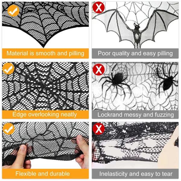 Halloween Fireplace Mantle Scarf - 18" x 96" Black Lace Spider Web Table Runner with Bat & Spider Design