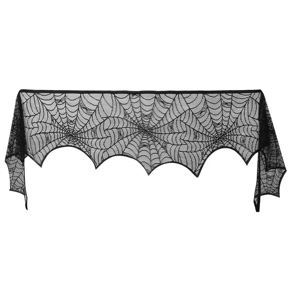Halloween Fireplace Mantle Scarf - 18" x 96" Black Lace Spider Web Table Runner with Bat & Spider Design