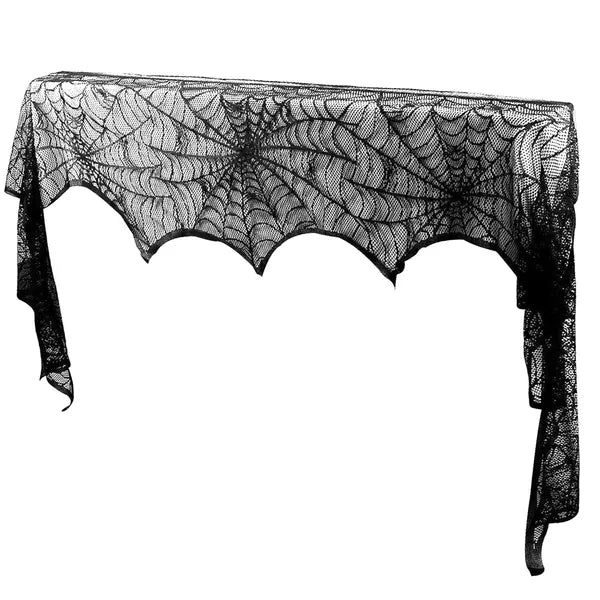 Halloween Fireplace Mantle Scarf - 18" x 96" Black Lace Spider Web Table Runner with Bat & Spider Design