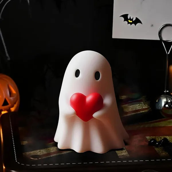 Halloween Ghost Figurine - Cute Resin Ghost Statue with Heart, Mini Spooky Tabletop Ornament for Desk & Shelf, Indoor Decor