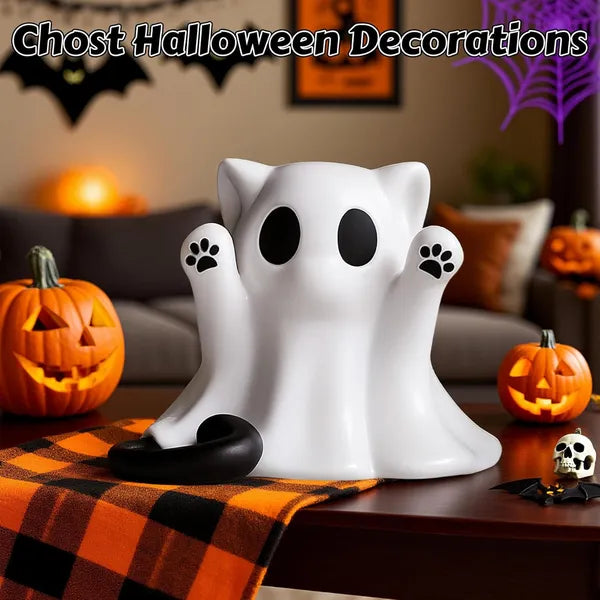 Halloween Ghost Cat Figurine Decor, Cute Mini Spooky Cat Ghost Statue, Halloween Decoration for Shelf Mantel Tabletop Cat Lover Gift