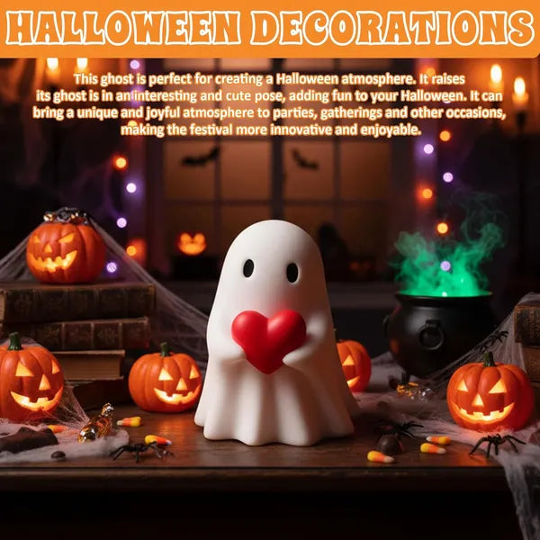 Halloween Ghost Figurine - Cute Resin Ghost Statue with Heart, Mini Spooky Tabletop Ornament for Desk & Shelf, Indoor Decor