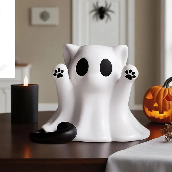 Halloween Ghost Cat Figurine Decor, Cute Mini Spooky Cat Ghost Statue, Halloween Decoration for Shelf Mantel Tabletop Cat Lover Gift