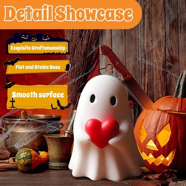 Halloween Ghost Figurine - Cute Resin Ghost Statue with Heart, Mini Spooky Tabletop Ornament for Desk & Shelf, Indoor Decor