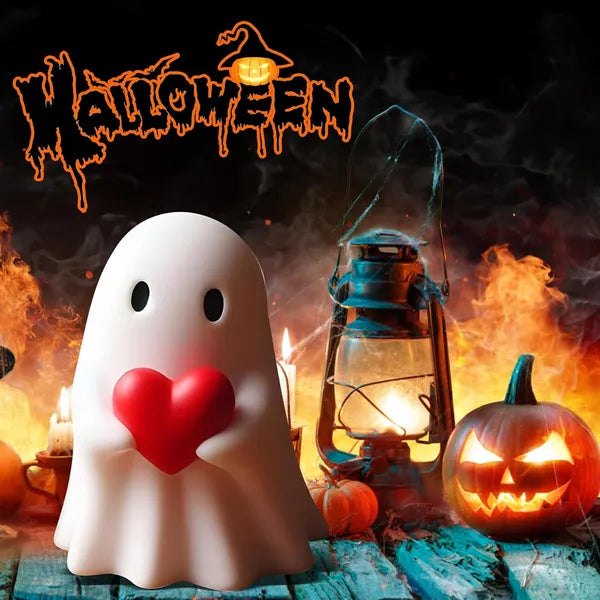 Halloween Ghost Figurine - Cute Resin Ghost Statue with Heart, Mini Spooky Tabletop Ornament for Desk & Shelf, Indoor Decor