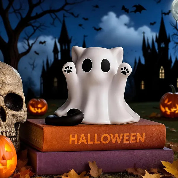 Halloween Ghost Cat Figurine Decor, Cute Mini Spooky Cat Ghost Statue, Halloween Decoration for Shelf Mantel Tabletop Cat Lover Gift