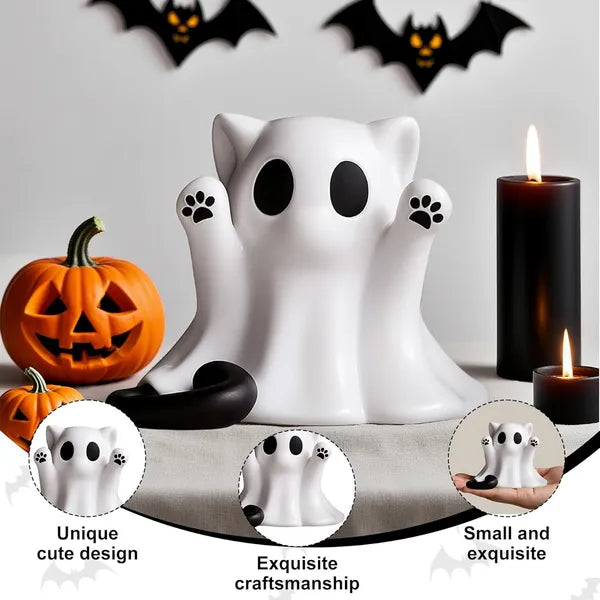 Halloween Ghost Cat Figurine Decor, Cute Mini Spooky Cat Ghost Statue, Halloween Decoration for Shelf Mantel Tabletop Cat Lover Gift