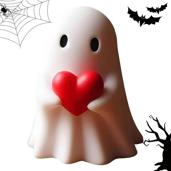 Halloween Ghost Figurine - Cute Resin Ghost Statue with Heart, Mini Spooky Tabletop Ornament for Desk & Shelf, Indoor Decor
