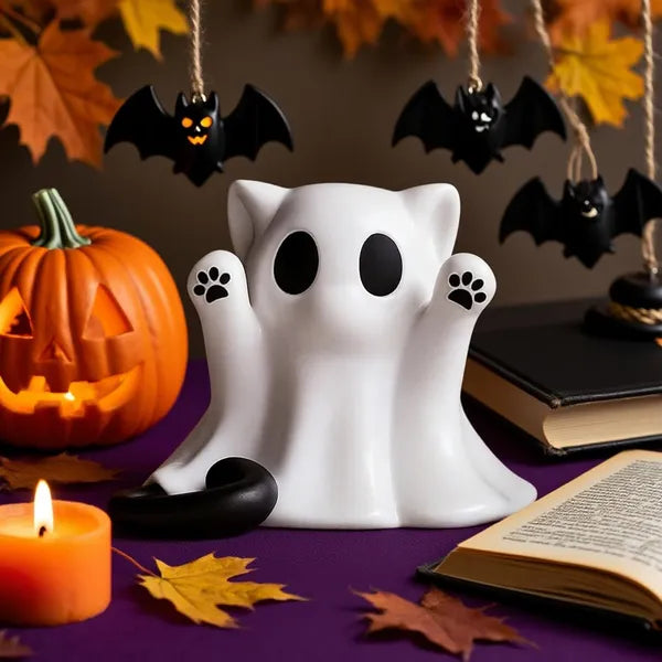 Halloween Ghost Cat Figurine Decor, Cute Mini Spooky Cat Ghost Statue, Halloween Decoration for Shelf Mantel Tabletop Cat Lover Gift
