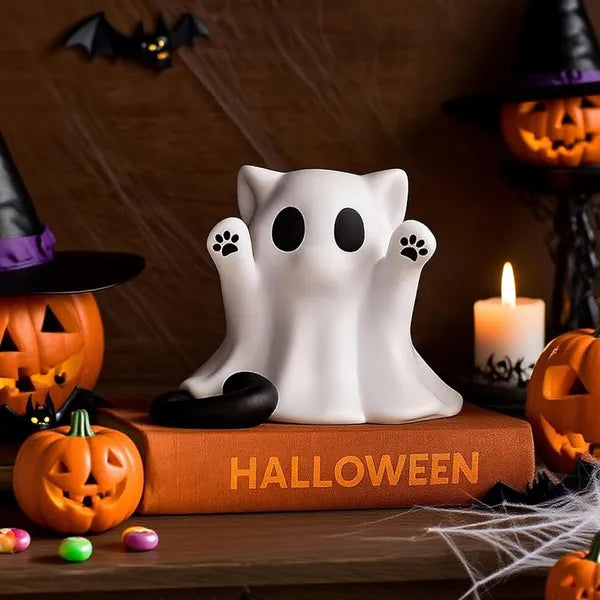 Halloween Ghost Cat Figurine Decor, Cute Mini Spooky Cat Ghost Statue, Halloween Decoration for Shelf Mantel Tabletop Cat Lover Gift