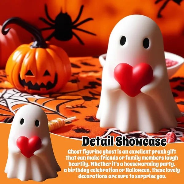 Halloween Ghost Figurine - Cute Resin Ghost Statue with Heart, Mini Spooky Tabletop Ornament for Desk & Shelf, Indoor Decor