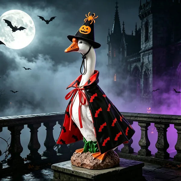 AEELLEEA  Halloween Porch Goose Costume Set, Bat Cape & Pumpkin Spider Witch Hat, Fits 23 Inch Goose Statue, Outdoor Seasonal Porch Decor