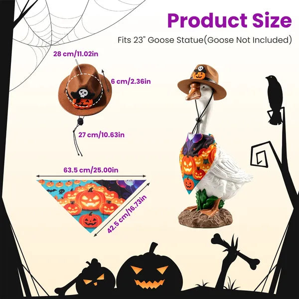 AEELLEEA  Halloween Porch Goose Costume Set, Cowboy Hat & Pumpkin Bandana, Fits 23 Inch Goose Statue, Outdoor Seasonal Porch Decor