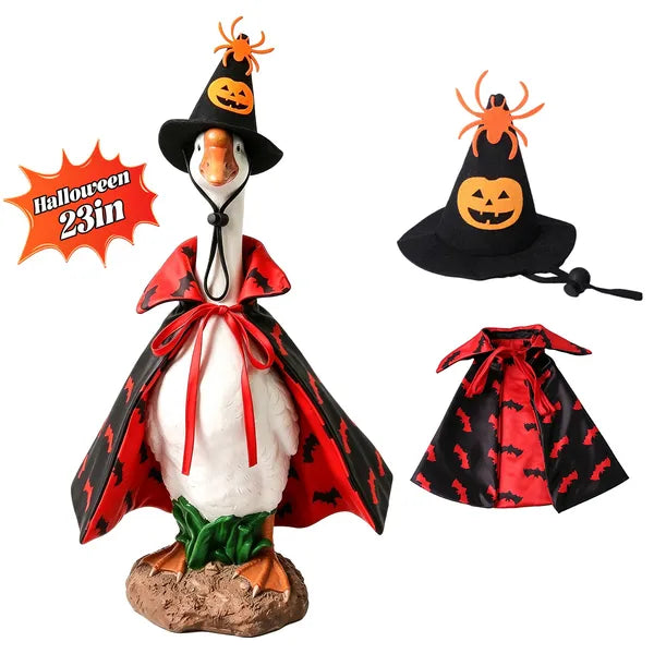 AEELLEEA  Halloween Porch Goose Costume Set, Bat Cape & Pumpkin Spider Witch Hat, Fits 23 Inch Goose Statue, Outdoor Seasonal Porch Decor